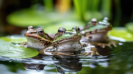 A serene scene featuring three colorful frogs resting on lily pads in a tranquil pond, showcasing their vibrant colors and natural behavior in a peaceful environment.の素材