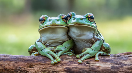 Two charming green frogs cuddle closely on a log, showcasing their vibrant colors and gentle expression amidst a serene natural setting.の素材