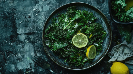 This captivating image features a vibrant kale salad garnished with fresh lemon slices, set against a dark background, perfect for health-focused culinary content.の素材