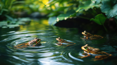 A picturesque scene featuring four frogs swimming in a tranquil pond. Surrounded by lush greenery, their reflections dance on the water's surface, showcasing nature's beauty.の素材