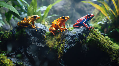 This captivating image showcases vibrant tropical frogs resting on mossy rocks in a lush rainforest, highlighting their vivid colors against a soft focus background.の素材