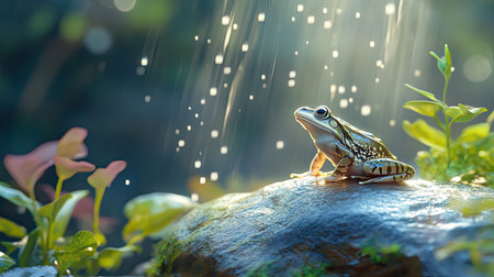 A vibrant frog perches on a rock, illuminated by soft sunlight breaking through rainfall in a lush environment, capturing tranquility and beauty in nature.の素材