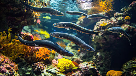 This stunning underwater photograph captures eels gracefully swimming through a vibrant coral reef, showcasing the beauty and diversity of marine life.の素材