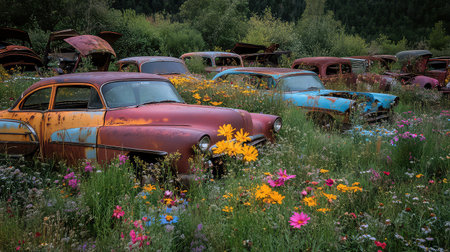 A captivating scene of abandoned classic cars nestled among vibrant wildflowers, showcasing nature reclaiming forgotten vehicles in a tranquil landscape.の素材