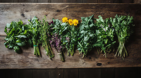 A beautiful arrangement of fresh green herbs accompanied by vibrant edible flowers on a rustic wooden table, showcasing natural ingredients perfect for culinary creations and healthy dishes.の素材