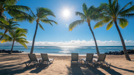 A breathtaking view of a tropical beach featuring palm trees swaying in the gentle breeze. The sun shines brightly over the calm ocean, inviting relaxation.の素材