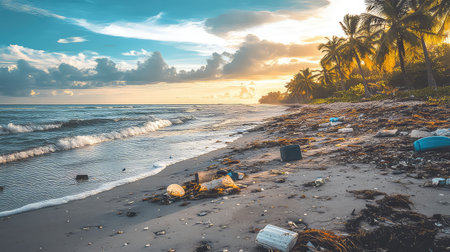 This stunning beach landscape captures the contrast between natural beauty and environmental pollution, showcasing debris washed ashore at sunset.の素材