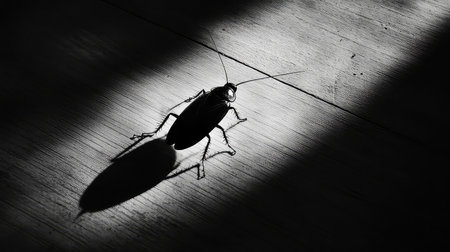 A striking black and white photograph captures the silhouette of a cockroach on a wooden floor. Dramatic lighting enhances its intricate features and shadow.の素材