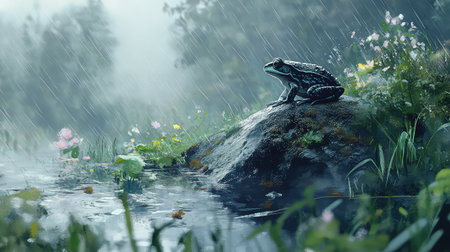 A tranquil scene showcasing a green frog perched on a moss-covered rock amid gentle rain. The surrounding lush vegetation and colorful flowers create a serene atmosphere in nature.の素材