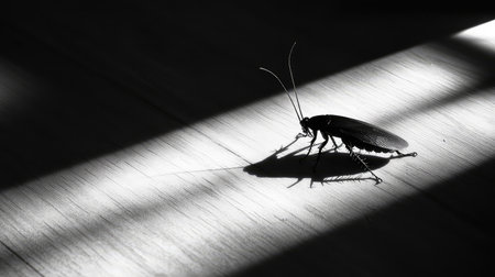 This captivating black and white image features a cockroach casting a striking shadow on a floor. The dramatic lighting emphasizes the texture and silhouette, creating a minimalist yet impactful scene.の素材