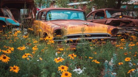 A nostalgic view of an abandoned classic car enveloped by vibrant wildflowers in a junkyard, showcasing nature's reclaiming of man-made objects.の素材