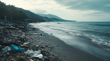 A desolate beach scene showcasing the impact of pollution with visible trash scattered along the shoreline, emphasizing environmental degradation and waste management issues.の素材