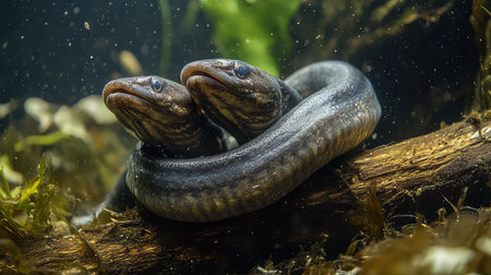 Two eels gracefully entwined in a serene aquatic setting create a captivating image, highlighting underwater life surrounded by natural elements.の素材