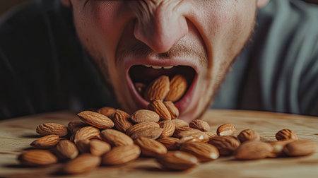 A close-up image of a man displaying intense emotion as he prepares to eat almonds. The picture captures the texture and natural beauty of the nuts, emphasizing health and nutrition.の素材