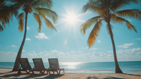 A tranquil beach scene featuring palm trees swaying in the breeze, inviting loungers on soft sand, and radiant sunlight illuminating calm ocean waters.の素材