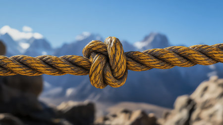 A striking close-up of a knotted yellow rope against a breathtaking mountain landscape. The blurred background emphasizes the rugged beauty of nature, highlighting adventure and exploration.の素材