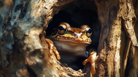 This captivating image features a colorful tree frog peeking out from a hollowed tree trunk, showcasing vibrant colors and stunning details.の素材