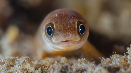 This captivating close-up image showcases a tiny aquatic creature with large round eyes and smooth skin, set against a natural habitat background.の素材