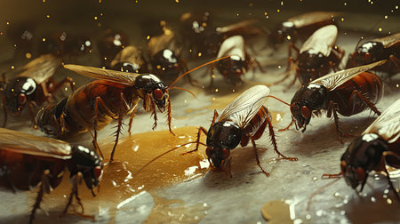 A captivating close-up image of bees actively gathering nectar, showcasing their intricate details and natural behaviors in a warm and inviting light.の素材