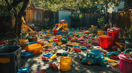 A vibrant scene of a colorful children's play area, showcasing a variety of scattered toys under lush greenery, inviting joyful playtime and adventures.の素材