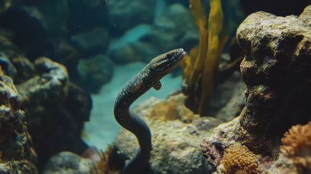This captivating underwater image showcases a solitary eel gracefully swimming among colorful coral and lush aquatic plants, highlighting the beauty of marine life.の素材
