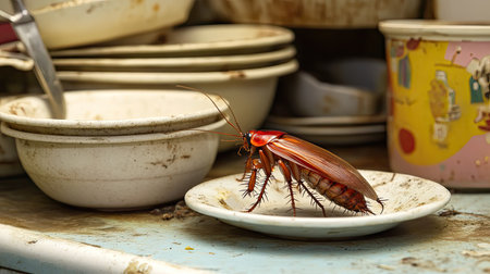 A detailed image of a cockroach perched on a dirty plate amidst a stack of unwashed dishware, highlighting the issues of cleanliness and pest presence in a kitchen setting.の素材