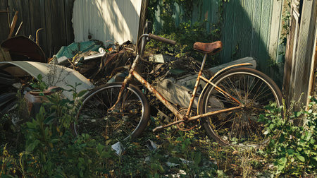 A rusty bicycle rests amidst overgrown plants and clutter in a backyard filled with discarded items, creating a serene yet nostalgic atmosphere.の素材