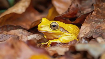 A stunning close-up of a bright yellow frog nestled among autumn leaves. The image captures the intricate details of the frogの素材