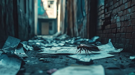 A haunting scene capturing a cockroach navigating through scattered papers in a dimly lit alleyway. The environment reflects urban decay, adding to a sense of abandonment and neglect. The eerie atmosphere and detailed textures enhance the visual impact of this unsettling moment.の素材