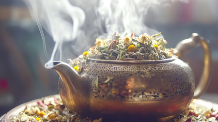 A steaming teapot filled with a colorful blend of aromatic herbs and flowers, exuding warmth and relaxation in a vintage kitchen setting.の素材
