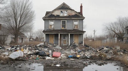 An abandoned house stands as a symbol of neglect, surrounded by heaps of debris and wild vegetation, evoking feelings of desolation and mystery.の素材