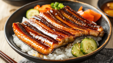 Grilled eel served on steaming rice accompanied by fresh vegetables like cucumber and ginger in a stylish black bowl on a wooden table.の素材