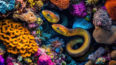 A stunning underwater scene showcases a vibrant coral reef with two eels gracefully weaving through colorful corals. This image highlights the beauty and diversity of marine wildlife.の素材