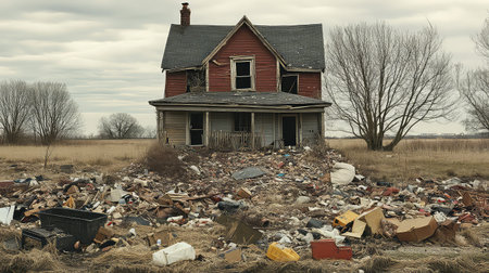 A haunting image of an abandoned house in disrepair, surrounded by debris and waste in a rural setting, conveying themes of neglect and desolation.の素材