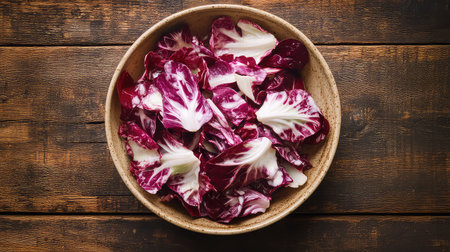 A rustic bowl filled with fresh radicchio leaves showcases the vibrant colors and textures ideal for healthy salads and culinary creations.の素材