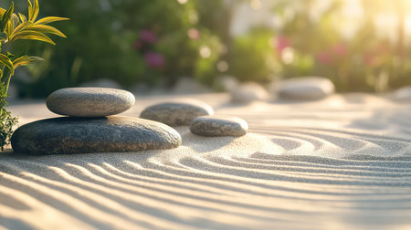 A serene zen garden featuring smooth stones arranged on raked sand, enveloped by vibrant plants and soft sunlight, promoting peace and relaxation.の素材
