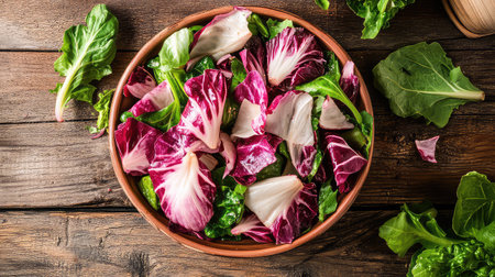 A vibrant salad featuring fresh radicchio and leafy greens served in a rustic wooden bowl. This colorful composition highlights healthy ingredients ideal for nutritious meals.の素材
