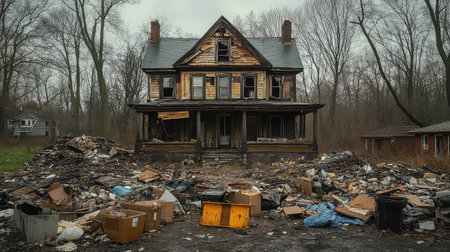 A haunting view of an abandoned Victorian house, its once-grand facade showing signs of decay, surrounded by piles of debris and nature reclaiming the land.の素材