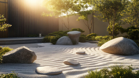 Discover a serene zen garden featuring smooth rocks and raked sand, surrounded by lush greenery, illuminated by warm sunlight, embodying tranquility and peace.の素材
