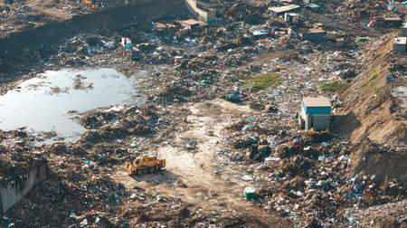 An aerial view captures a sprawling waste dump site filled with various types of garbage and debris, highlighting environmental challenges in urban landscapes.の素材