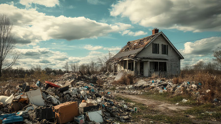 This striking image captures an abandoned house enveloped in debris, set against a backdrop of a cloudy sky. The scene evokes a sense of neglect and environmental impact.の素材