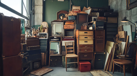 This image showcases an eclectic collection of vintage furniture and antique objects within a cozy interior, filled with natural light and charm.の素材