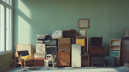 A charming collection of vintage furniture pieces stacked in a well-lit room with green walls, showcasing a mix of classic design and nostalgic warmth.の素材