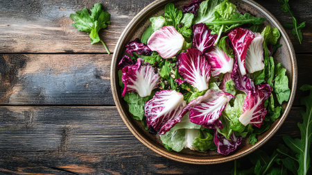 A visually appealing bowl of fresh mixed greens featuring vibrant radicchio and arugula, perfect for healthy meals or culinary presentations.の素材