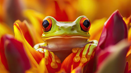 A stunning close-up of a vibrant green frog perched among colorful petals, showcasing the beauty of nature in a lively garden environment.の素材