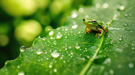 A vibrant green frog rests on a lush leaf adorned with glistening dew drops, capturing a serene moment in nature's beauty. Ideal for wildlife photography.の素材
