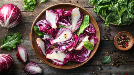 A vibrant display of fresh red cabbage and greens in a wooden bowl on a rustic table, accented with colorful peppercorns, perfect for healthy meal inspiration.の素材