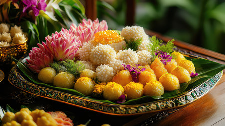 A stunning assortment of traditional Thai desserts artfully arranged on a banana leaf. This vibrant platter showcases intricate details, colorful sweets, and floral touches, perfect for festive occasions and cultural celebrations.の素材