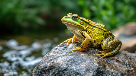 This striking image showcases a colorful frog sitting on a rock next to a peaceful water source. It exemplifies the beauty of wildlife in a natural habitat.の素材