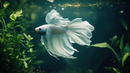 This stunning image captures an elegant white betta fish swimming gracefully through lush green aquatic plants, showcasing the beauty of underwater life.の素材